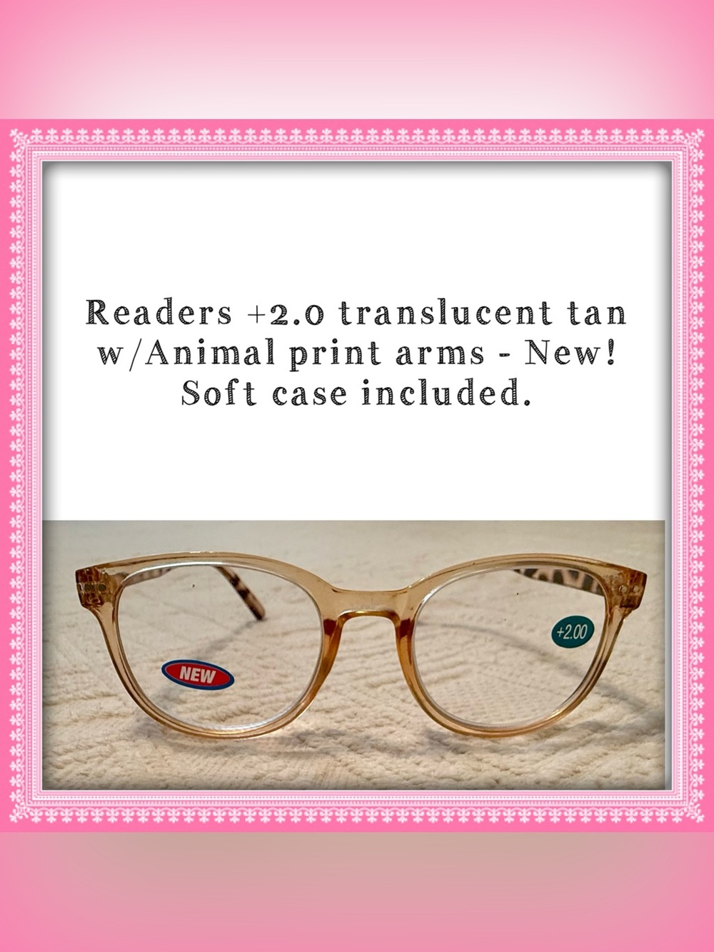 Reading eye glasses +2.0 translucent beige. NEW! Soft Case included. Unworn